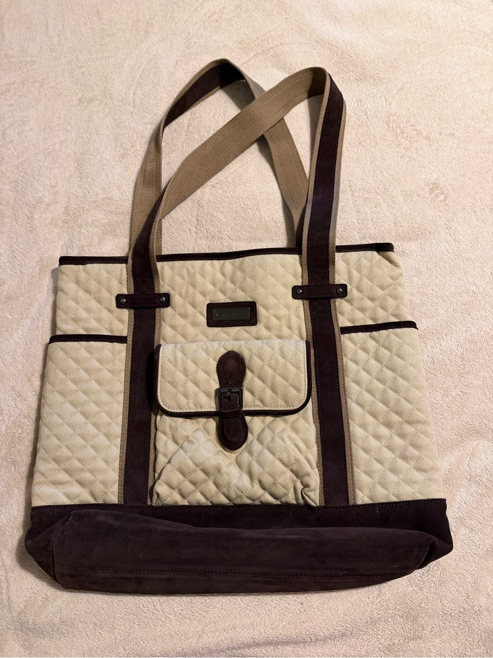 Vera Bradley Quilted Canvas Tote Bag in Cream and Brown